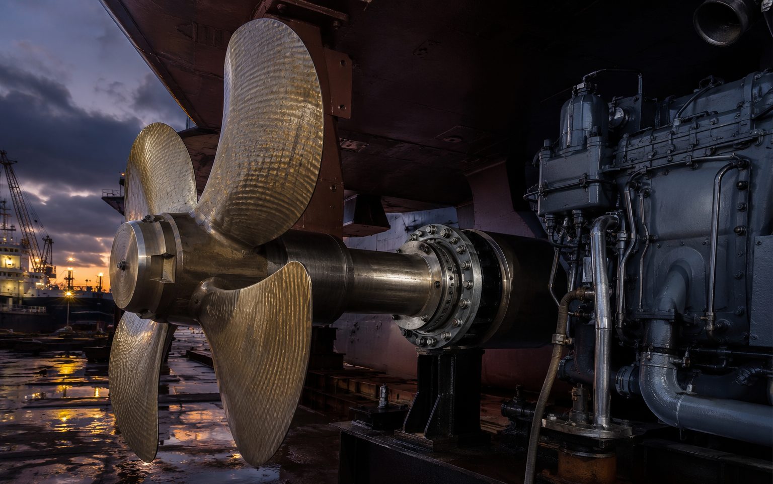 Ship propeller shaft in shipyard
