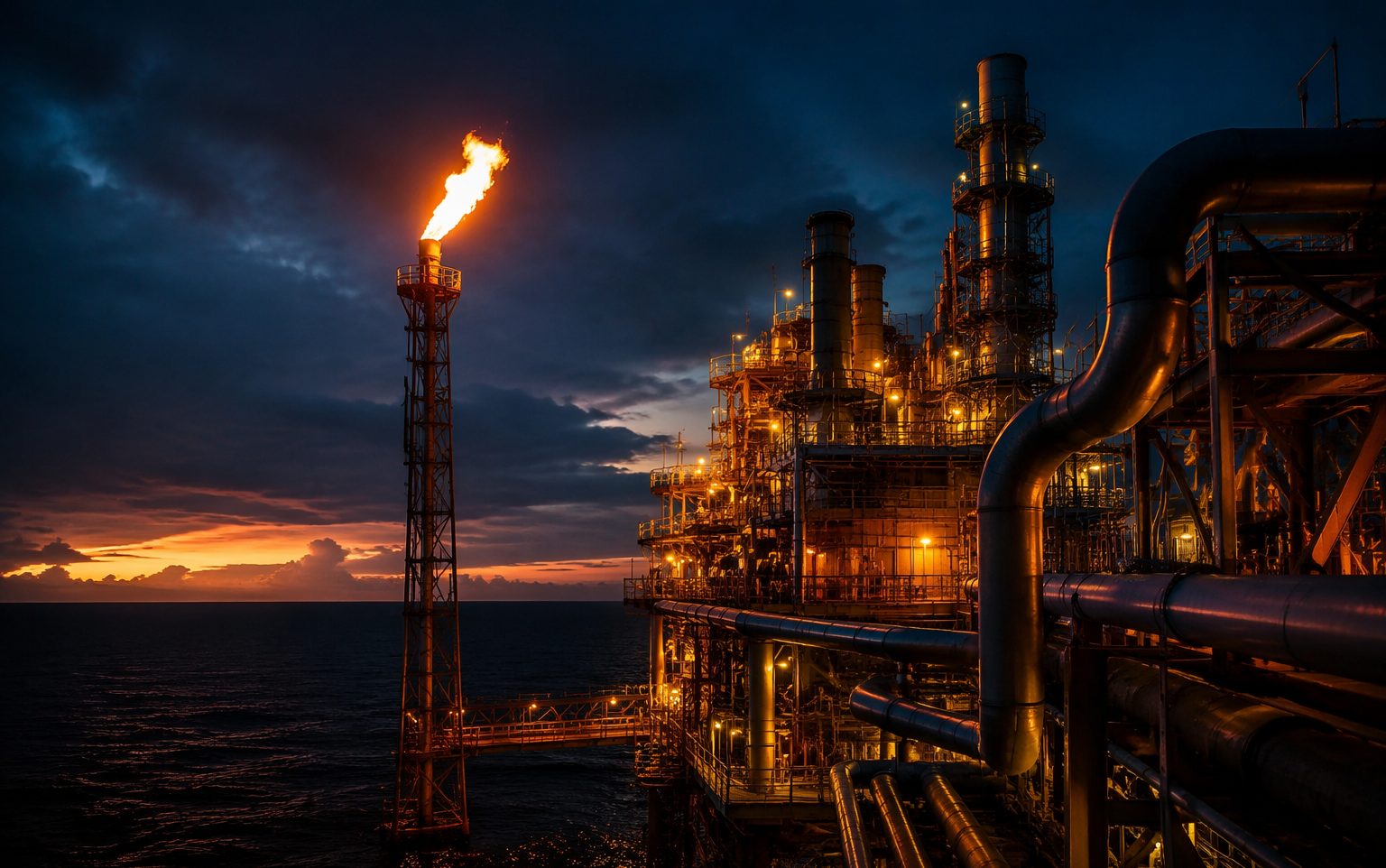 Offshore oil and gas platform at dusk